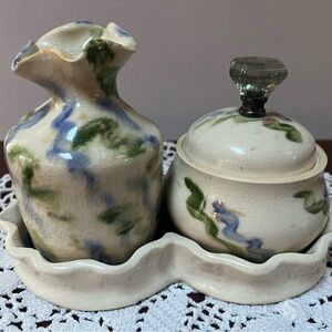 MCM Studio PotteryVanity Set Crackle Glaze Vase Jar Tray